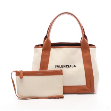 BALENCIAGA NAVY CABAS S Tote Bag 339933 canvas leather Beige Brown Used Women