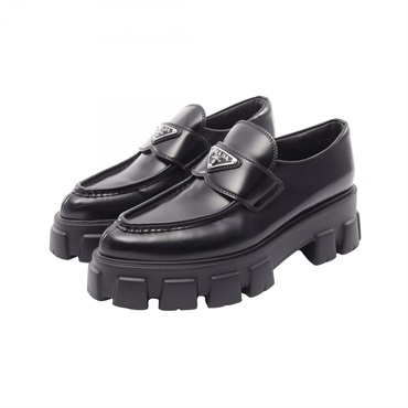 PRADA Monolith Triangular Plate loafers shoes #38.5 leather Black Used Women