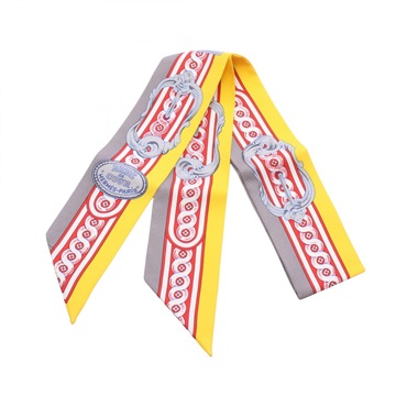 HERMES Twilly BRIDE DE COUR Ribbon Scarf Stole Wrap silk Gray Yellow Used Women
