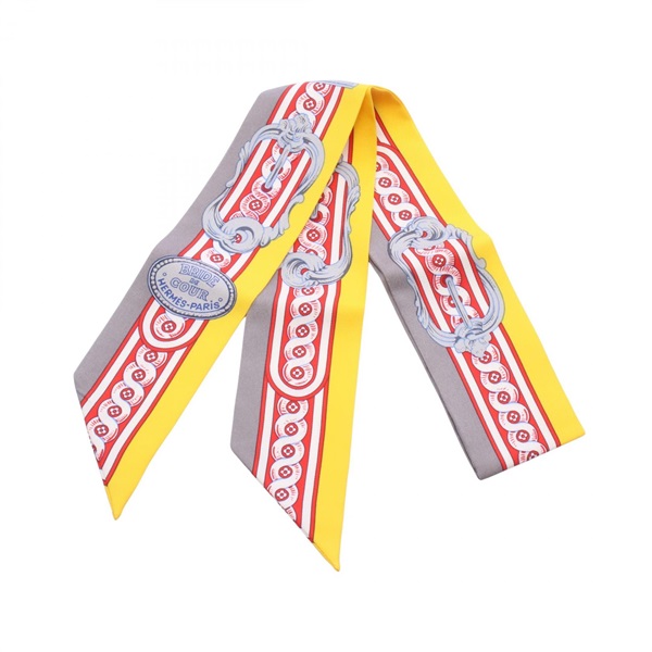 HERMES Twilly BRIDE DE COUR Ribbon Scarf Stole Wrap silk Gray Yellow Used Women