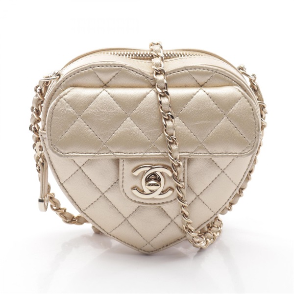 CHANEL Heart Chain Clutch Matelasse Shoulder Crossbody Bag leather Gold GHW Used