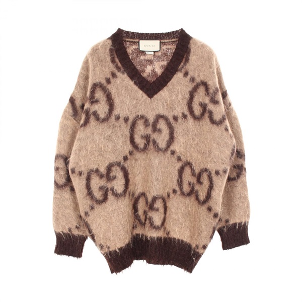 GUCCI GG pattern V-neck Knitwear Sweater 639380 wool Mohair Nylon Brown Used #S