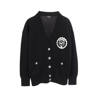 CHANEL COCO Mark Button Patch cardigan Knitwear cashmere Black Used Women #34