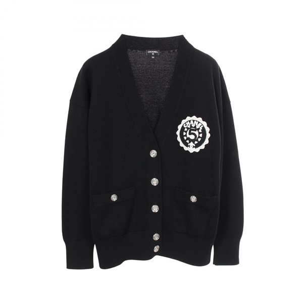 CHANEL COCO Mark Button Patch cardigan Knitwear cashmere Black Used Women #34