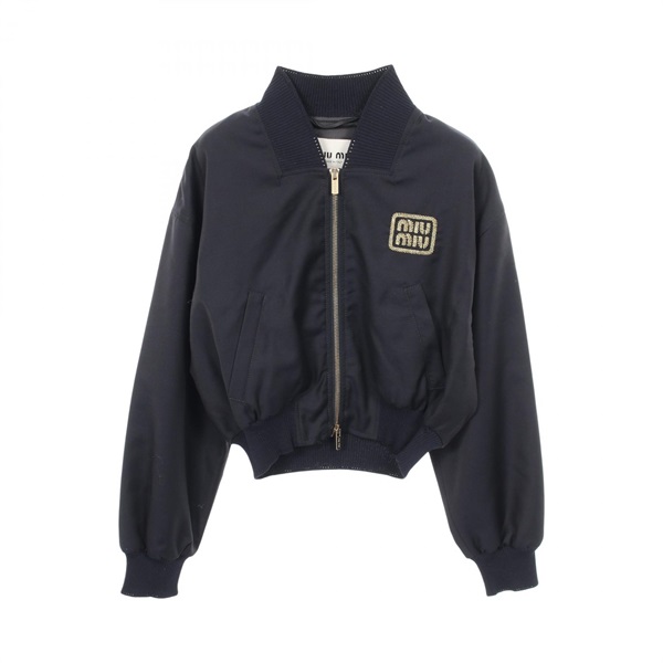 Miu Miu Logo Embroidered cropped Blouson ML936 wool Navy Preowned Women #38