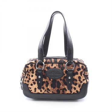 DOLCE GABBANA Leopard Tote Shoulder Bag canvas leather Brown Black Used Women