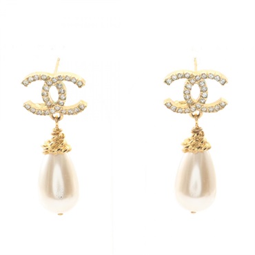 CHANEL COCO Mark L20 Pierced earrings GP Artificial pearl Rhinestone Used Women