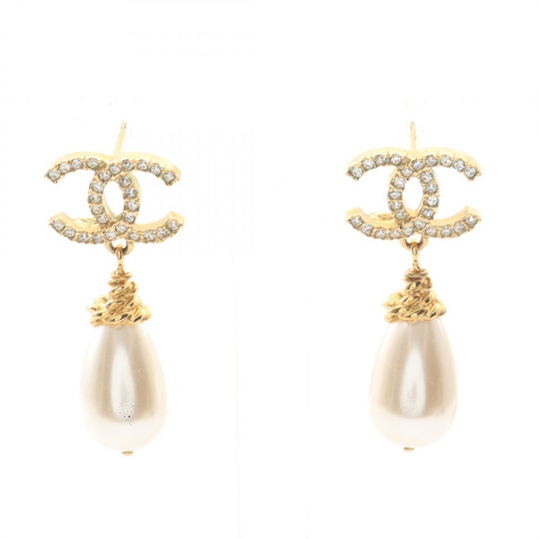 CHANEL COCO Mark L20 Pierced earrings GP Artificial pearl Rhinestone Used Women