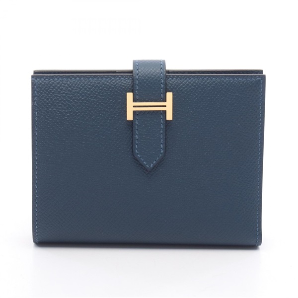 HERMES BEARN Compact Bi-fold wallet purse K Epsom leather Blue de galice GHW