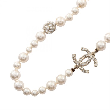 CHANEL COCO Mark Necklace Gold Plated Artificial pearl rhinestone Used women CC