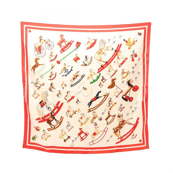 HERMES Carre90 Raconte moi Le Cheval Scarf Silk White Red Used Women