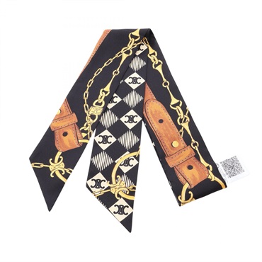 CELINE Lavalliere Silk Twill Ribbon Scarf Stole Wrap silk Black Yellow Used