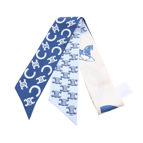 CELINE Lavalliere Silk Twill Ribbon Scarf Wrap silk White Blue Multicolor Used