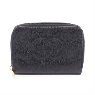 CHANEL COCO Mark around zip wallet purseleather Black Used Women GHW