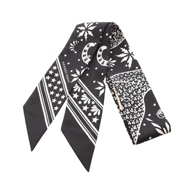 HERMES Twilly Les Leopards Bandana Ribbon Scarf Stole Wrap silk Black White Used