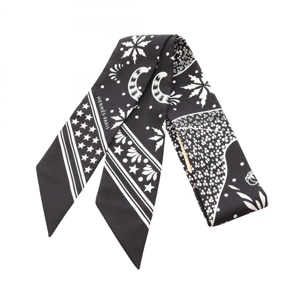 HERMES Twilly Les Leopards Bandana Ribbon Scarf Stole Wrap silk Black White Used