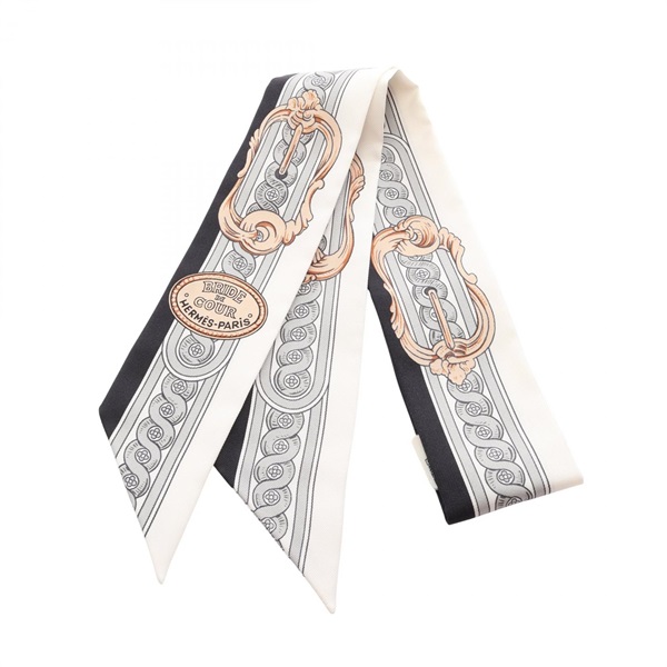 HERMES Twilly BRIDE DE COUR Ribbon Scarf Stole Wrap silk White Black Preowned