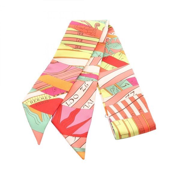 HERMES Twilly Astrologie Nouvelle Ribbon Scarf Stole Wrap silk Pink Preowned