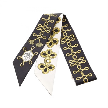 HERMES Twilly Galons et Brandebourgs Ribbon Scarf Stole Wrap silk Black Preowned