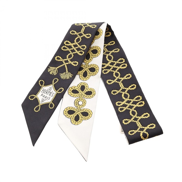HERMES Twilly Galons et Brandebourgs Ribbon Scarf Stole Wrap silk Black Preowned