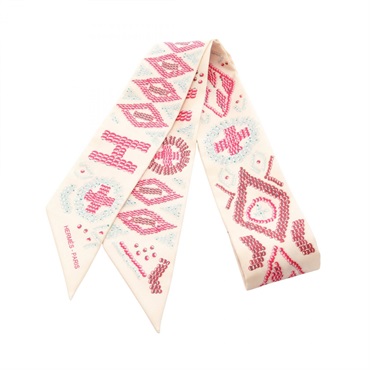 HERMES Twilly KELLY EN PERLES Ribbon Scarf Stole Wrap silk Beige Preowned Women