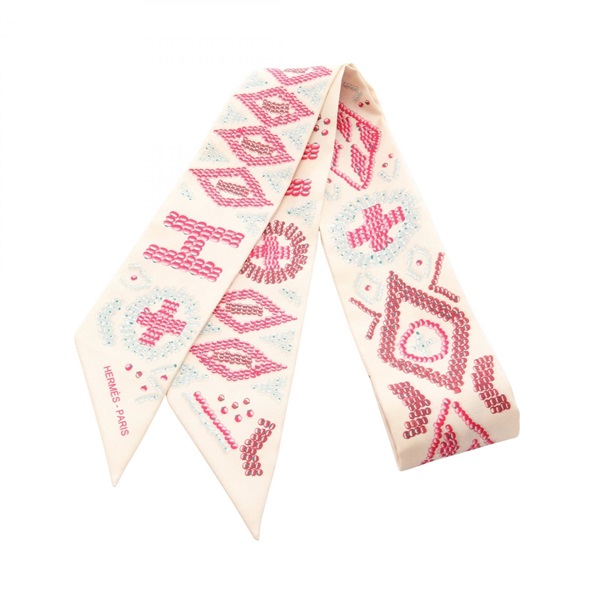 HERMES Twilly KELLY EN PERLES Ribbon Scarf Stole Wrap silk Beige Preowned Women