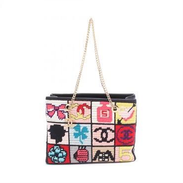 CHANEL Icon Chain Shoulder Tote Bag leather Fabric Black Multicolor GHW Used CC