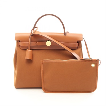 HERMES Herbag Zip PM Shoulder Handbag Toile Military canvas leather Brown Used K