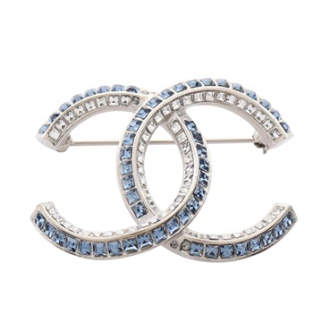 CHANEL COCO Mark Brooch F19P Stainless Steel Rhinestone Blue Used Women CC