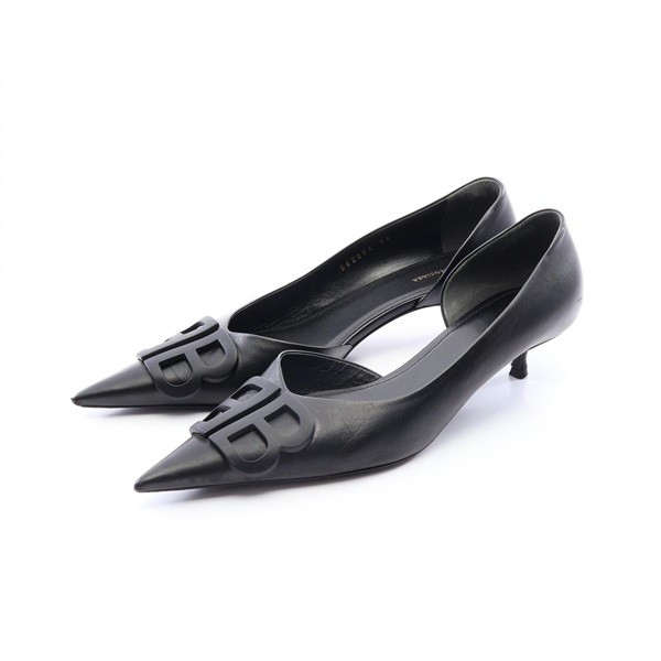 BALENCIAGA BB logo Pointed Toe Pumps Shoes 562294 leather Black Used Women #36