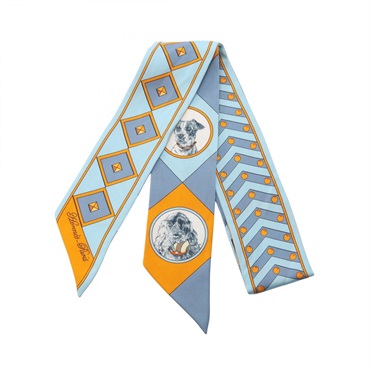 HERMES Twilly Colliere et chiens Ribbon Scarf Silk Blue Orange Used Women