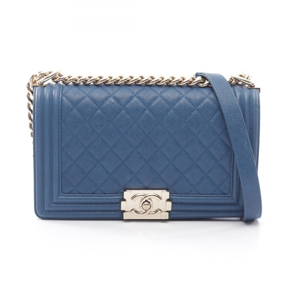 CHANEL Boy chanel chain Shoulder hand Bag A67086 leather Blue Used Women GHW