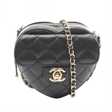 CHANEL Heart Chain Clutch Crossbody Shoulder Bag AP2784 Lamb leather Black Used