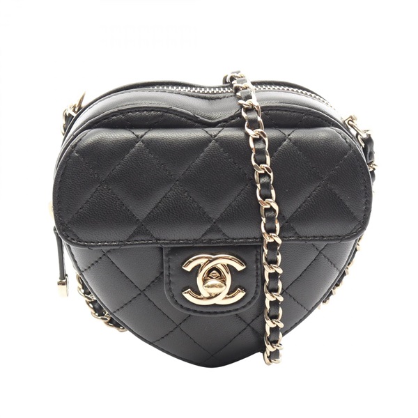 CHANEL Heart Chain Clutch Crossbody Shoulder Bag AP2784 Lamb leather Black Used