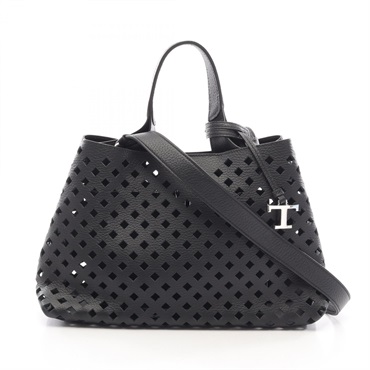 TOD'S T-Timeless Punching Crossbody Shoulder Handbag leather Black Used Women
