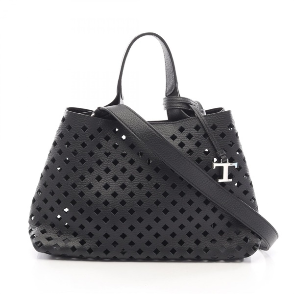 TOD'S T-Timeless Punching Crossbody Shoulder Handbag leather Black Used Women