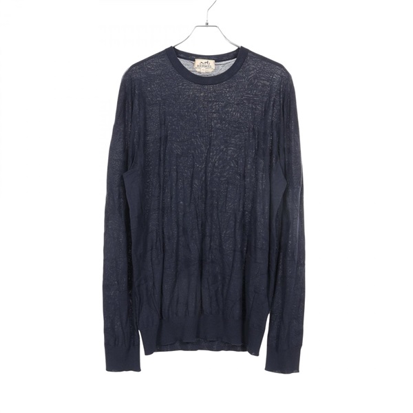 HERMES Total pattern crew neck knitwear sweater wool Navy Used mens size XL