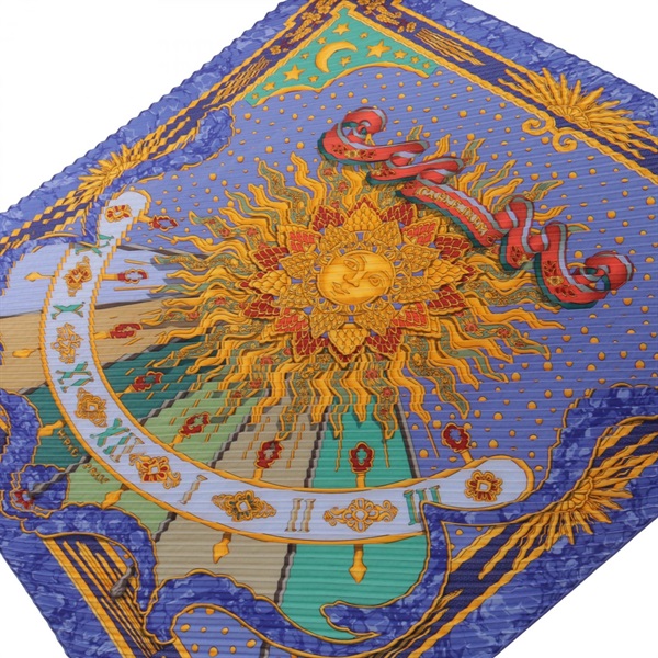 HERMES Carpe Diem Pleated Scarf Stole Wrap Foulard silk Blue Yellow Used Women