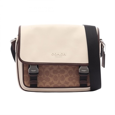 COACH Racer Messenger Shoulder Bag Leather canvas White Brown Beige Used