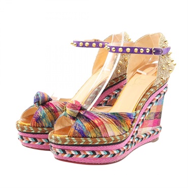 Christian Louboutin Spike Stud Wedge Sole Sandals Heels #38 Fabric Glitter Used