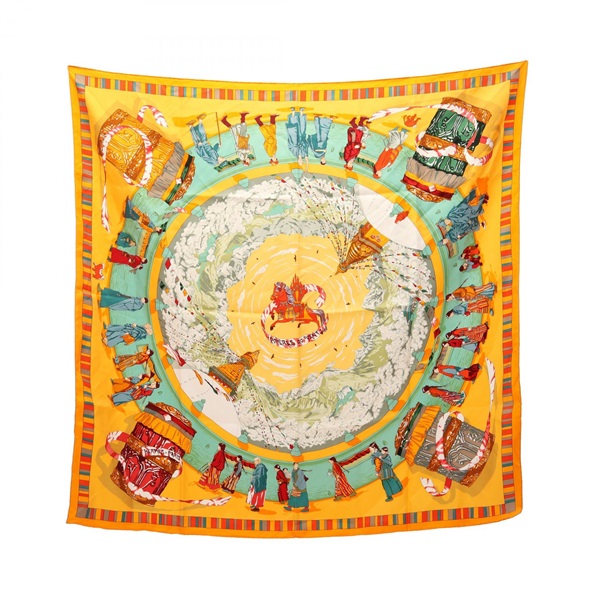 HERMES Carre90 PRIERES AU VENT Scarf Silk Orange Multicolor Used Women