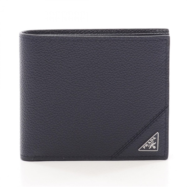 PRADA VIT.MICRO GRAIN Bi-fold wallet purse 2M0738 leather Navy Used unisex
