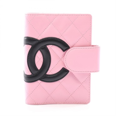 CHANEL Cambon line Notebook Planner Cover Lamb leather Pink Black SHW Used Women