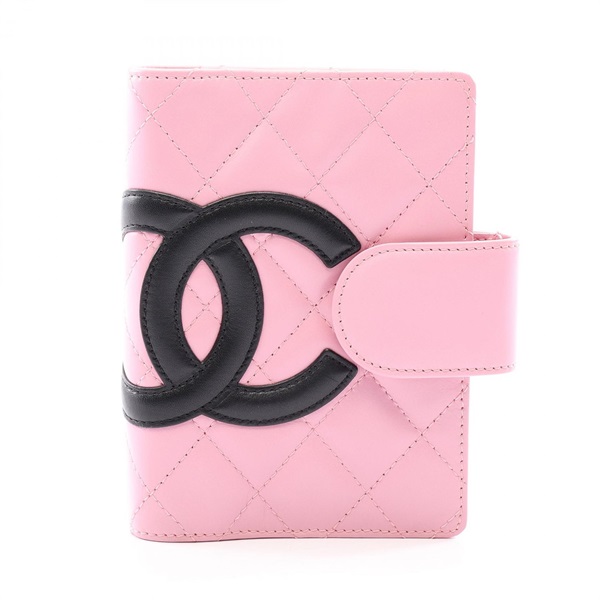 CHANEL Cambon line Notebook Planner Cover Lamb leather Pink Black SHW Used Women