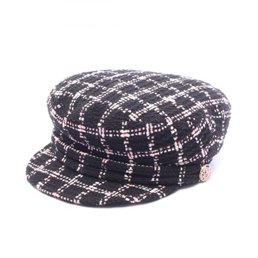 CHANEL COCO Mark Button Tweed Casquette Beret Hat Cap cotton Black Pink Used #M