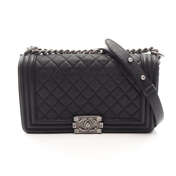 CHANEL Boy chanel chain Shoulder hand Bag A67086 leather Black Used Women SHW