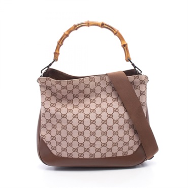 GUCCI Bamboo Shoulder Handbag canvas leather Pink Brown Used Women GG