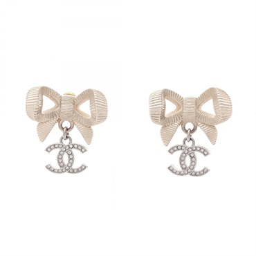 CHANEL COCO Mark Ribbon Pierced earrings Gold Plated Metal Rhinestone Used Women