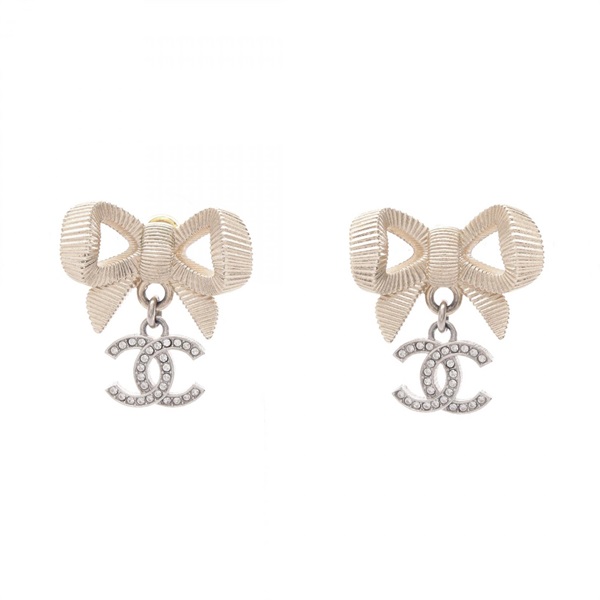 CHANEL COCO Mark Ribbon Pierced earrings Gold Plated Metal Rhinestone Used Women