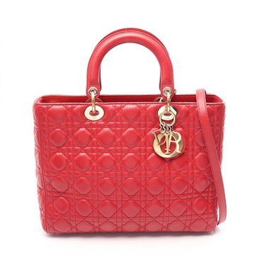 Dior Lady Dior Large Shoulder Tote Handbag leather Red Used Women GHW